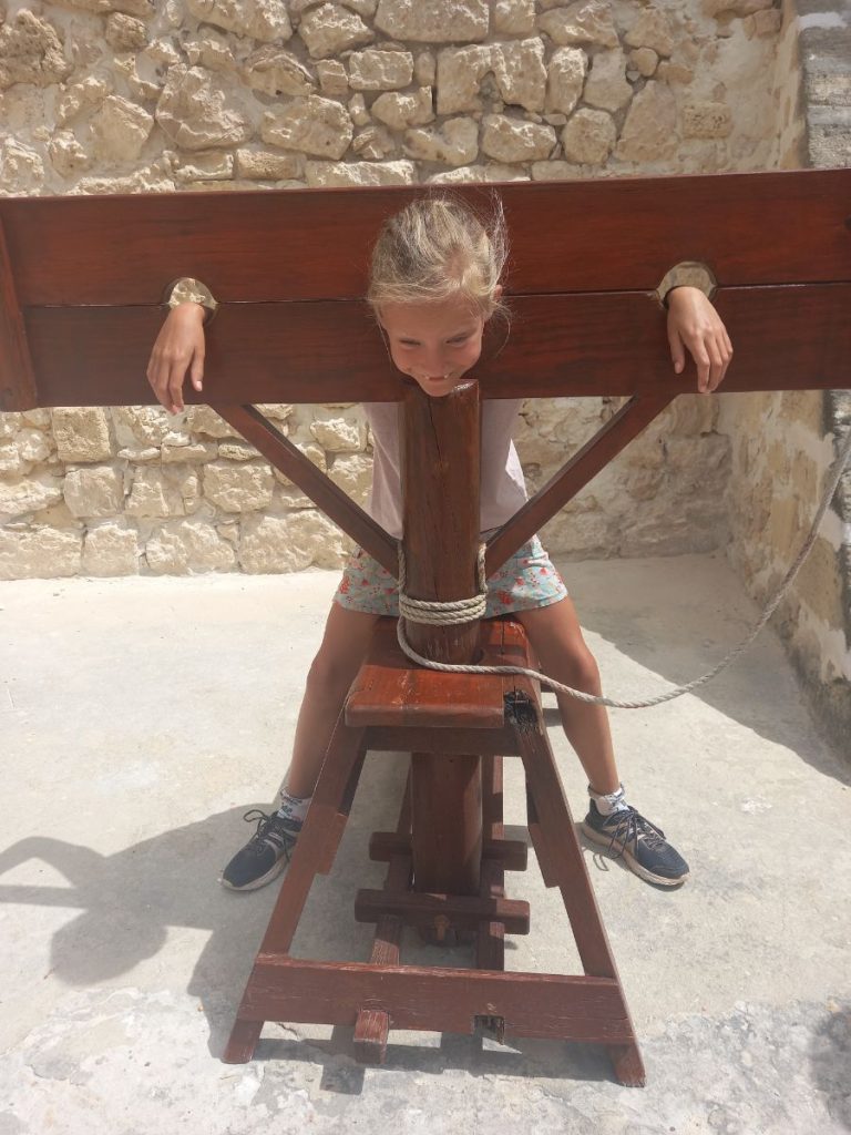 Heidi in the Roundhouse stocks